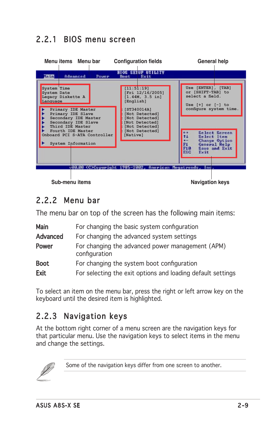 2 menu bar, 1 bios menu screen, 3 navigation keys | Asus A8S-X User Manual | Page 49 / 78