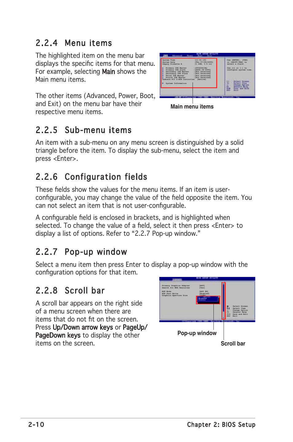 4 menu items, 5 sub-menu items, 6 configuration fields | 7 pop-up window, 8 scroll bar, 10 chapter 2: bios setup, Scroll bar, Pop-up window, Main menu items | Asus A8S-X User Manual | Page 50 / 78