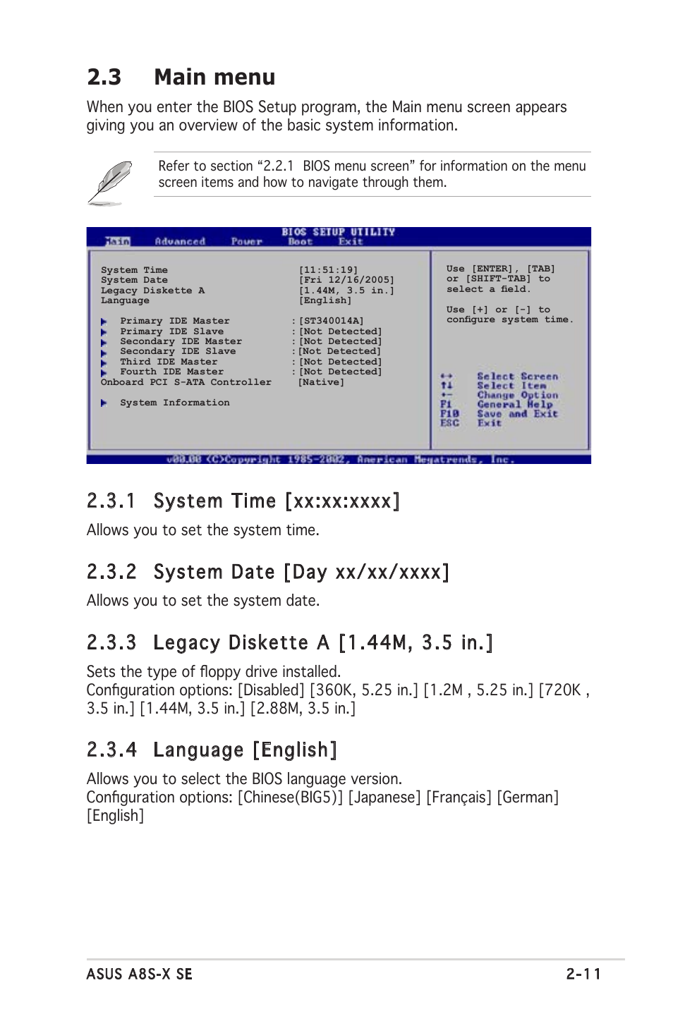 3 main menu, 4 language [english, Allows you to set the system time | Allows you to set the system date | Asus A8S-X User Manual | Page 51 / 78