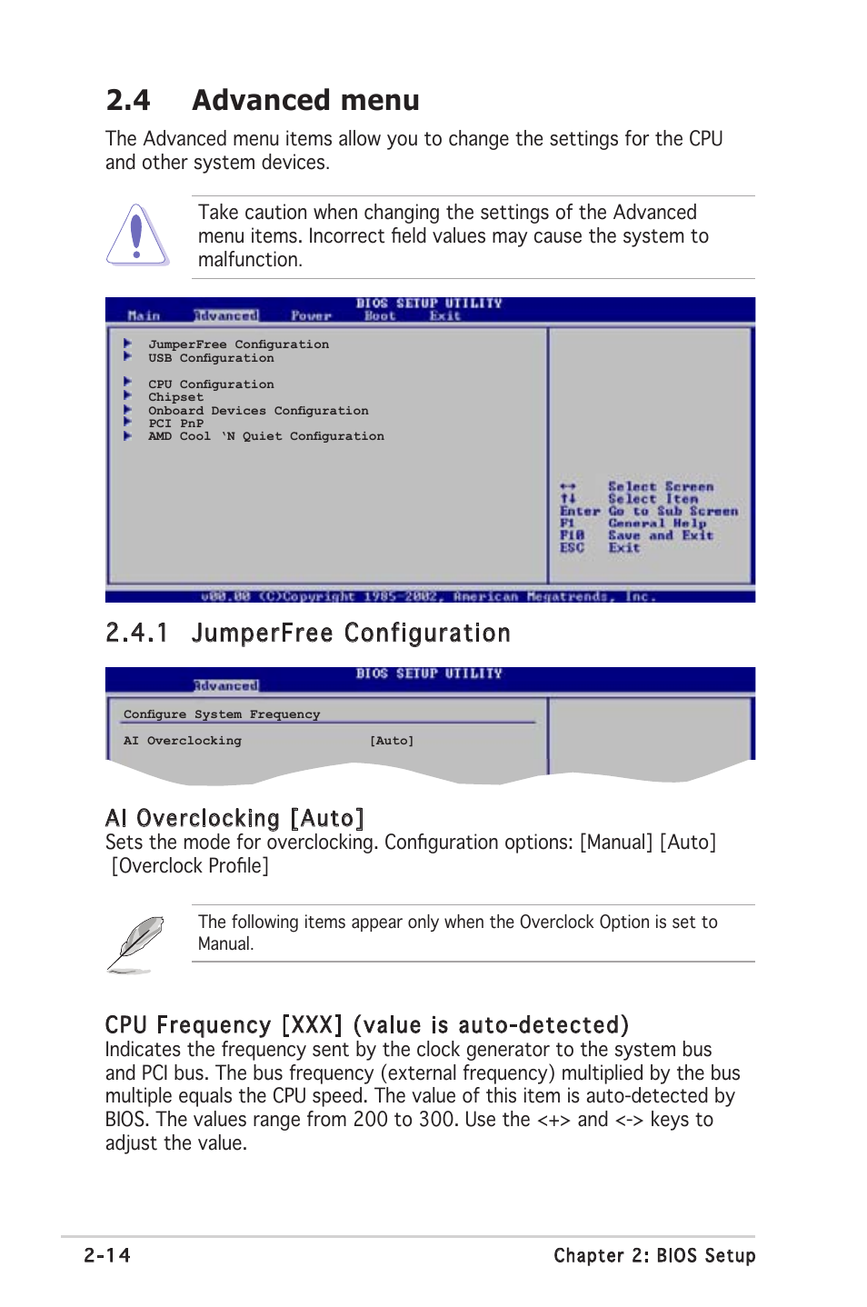 4 advanced menu, 1 jumperfree configuration, Ai overclocking [auto | Cpu frequency [xxx] (value is auto-detected) | Asus A8S-X User Manual | Page 54 / 78