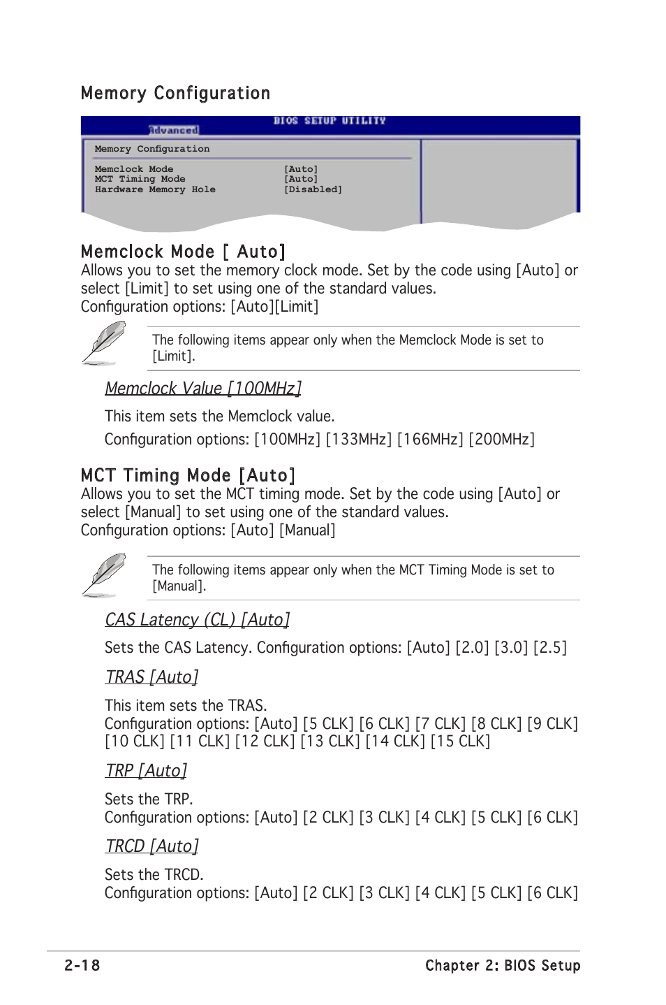 Cas latency (cl) [auto, Tras [auto, Trp [auto | Trcd [auto, Mct timing mode [auto, Memclock value [100mhz | Asus A8S-X User Manual | Page 58 / 78