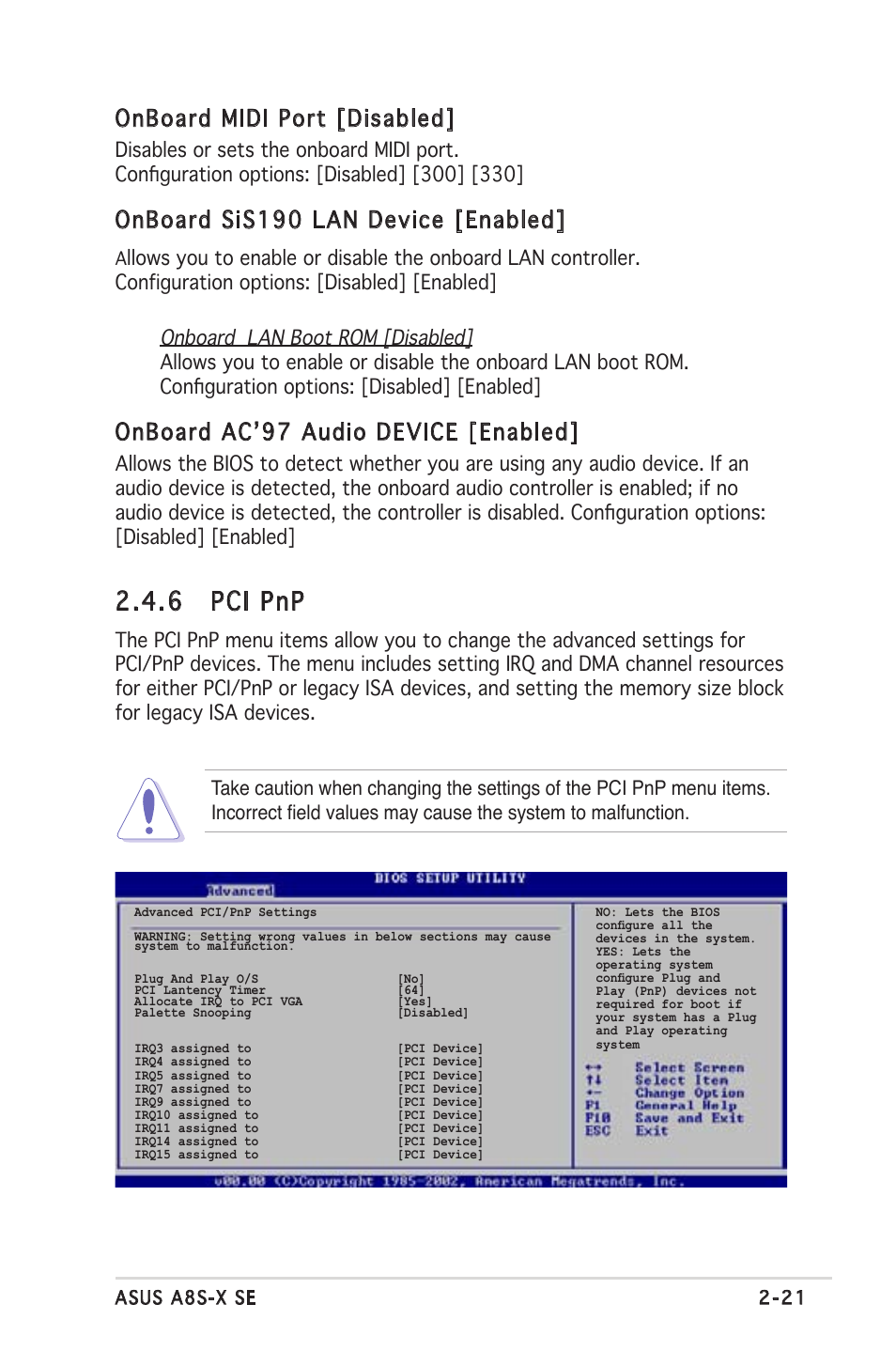 6 pci pnp, Onboard midi port [disabled, Onboard sis190 lan device [enabled | Onboard acʼ97 audio device [enabled | Asus A8S-X User Manual | Page 61 / 78