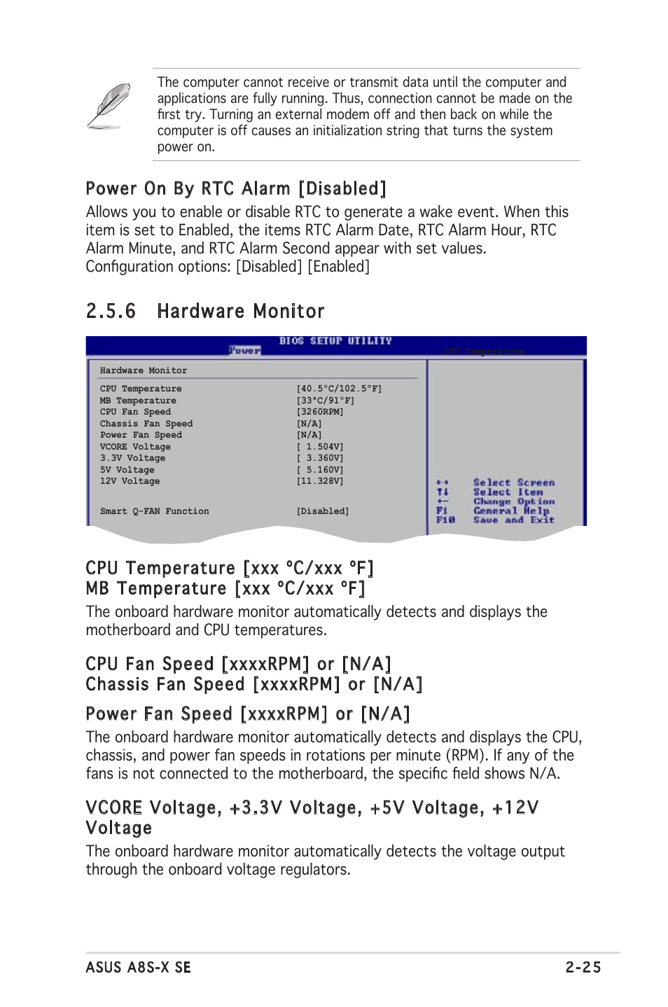 6 hardware monitor, Power on by rtc alarm [disabled | Asus A8S-X User Manual | Page 65 / 78