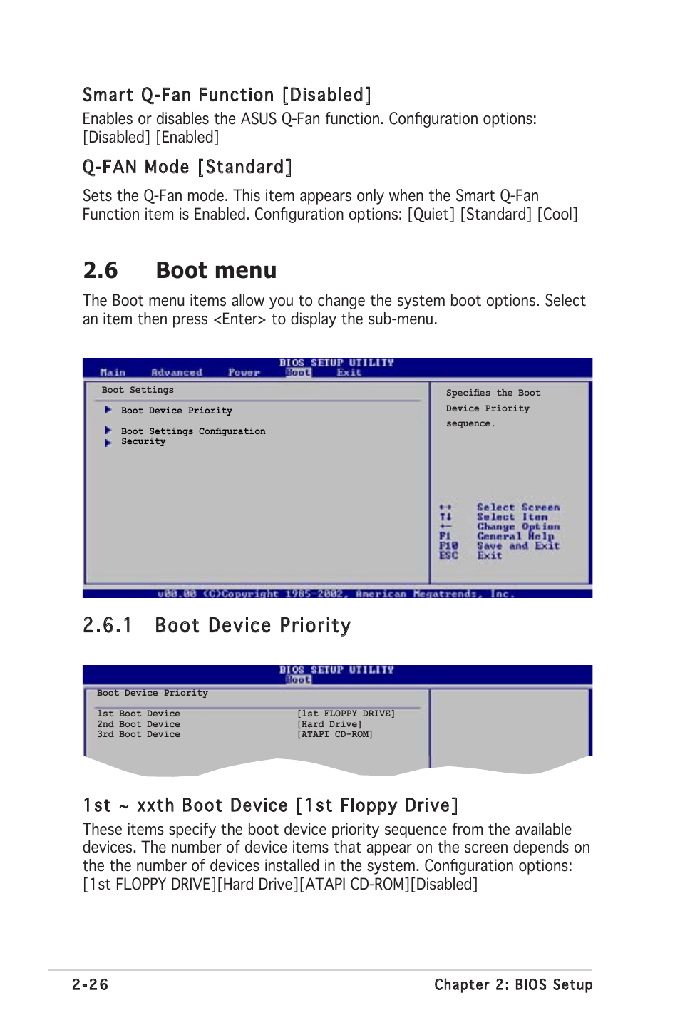 6 boot menu, 1 boot device priority, 1st ~ xxth boot device [1st floppy drive | Smart q-fan function [disabled, Q-fan mode [standard | Asus A8S-X User Manual | Page 66 / 78