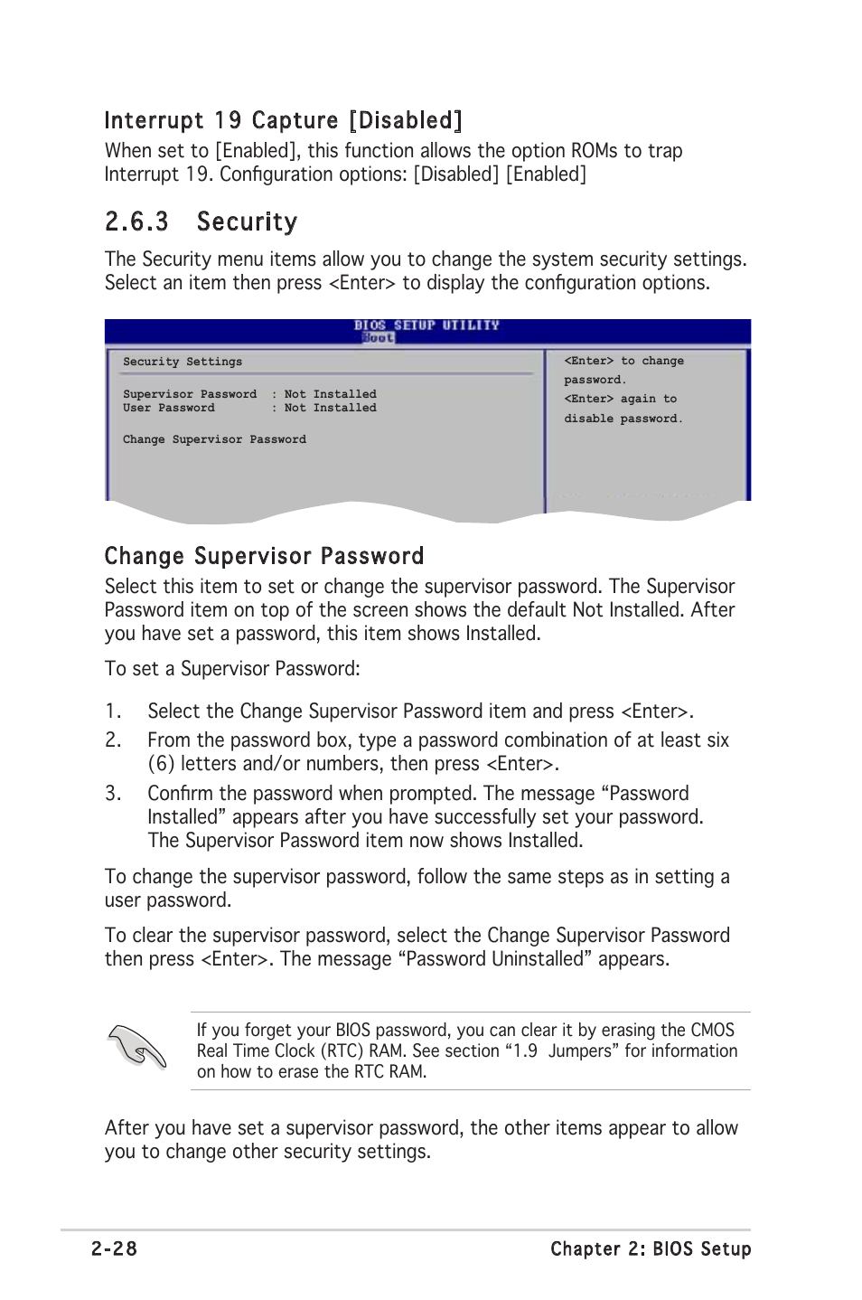 3 security, Change supervisor password, Interrupt 19 capture [disabled | Asus A8S-X User Manual | Page 68 / 78