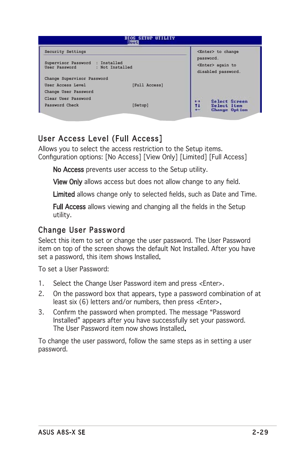 User access level (full access, Change user password | Asus A8S-X User Manual | Page 69 / 78