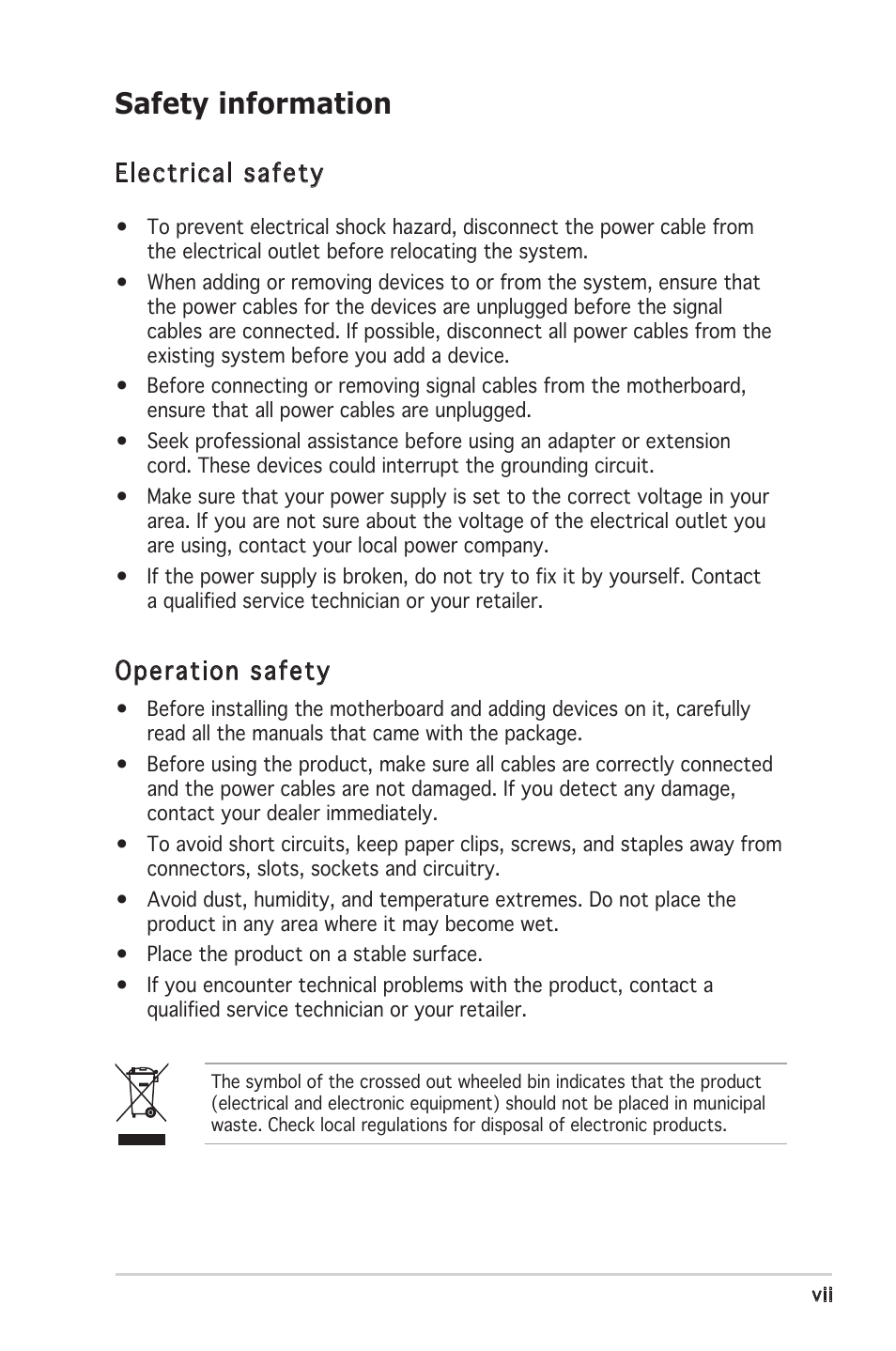 Safety information, Electrical safety, Operation safety | Asus A8S-X User Manual | Page 7 / 78