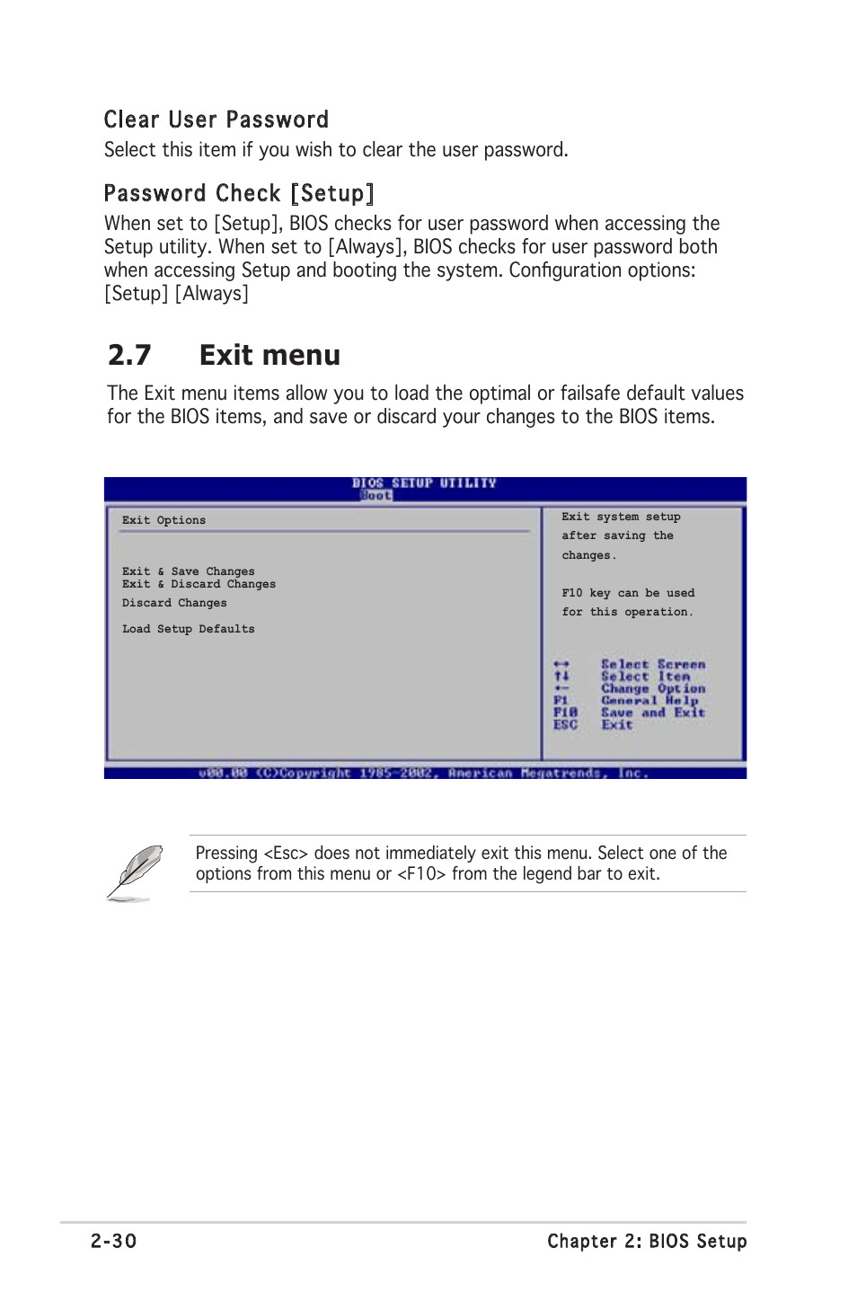 7 exit menu, Clear user password, Password check [setup | Asus A8S-X User Manual | Page 70 / 78