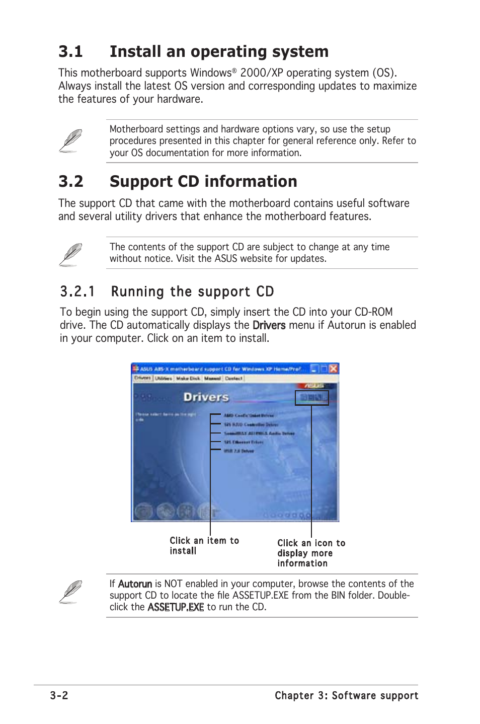 1 install an operating system, 2 support cd information, 1 running the support cd | Asus A8S-X User Manual | Page 74 / 78