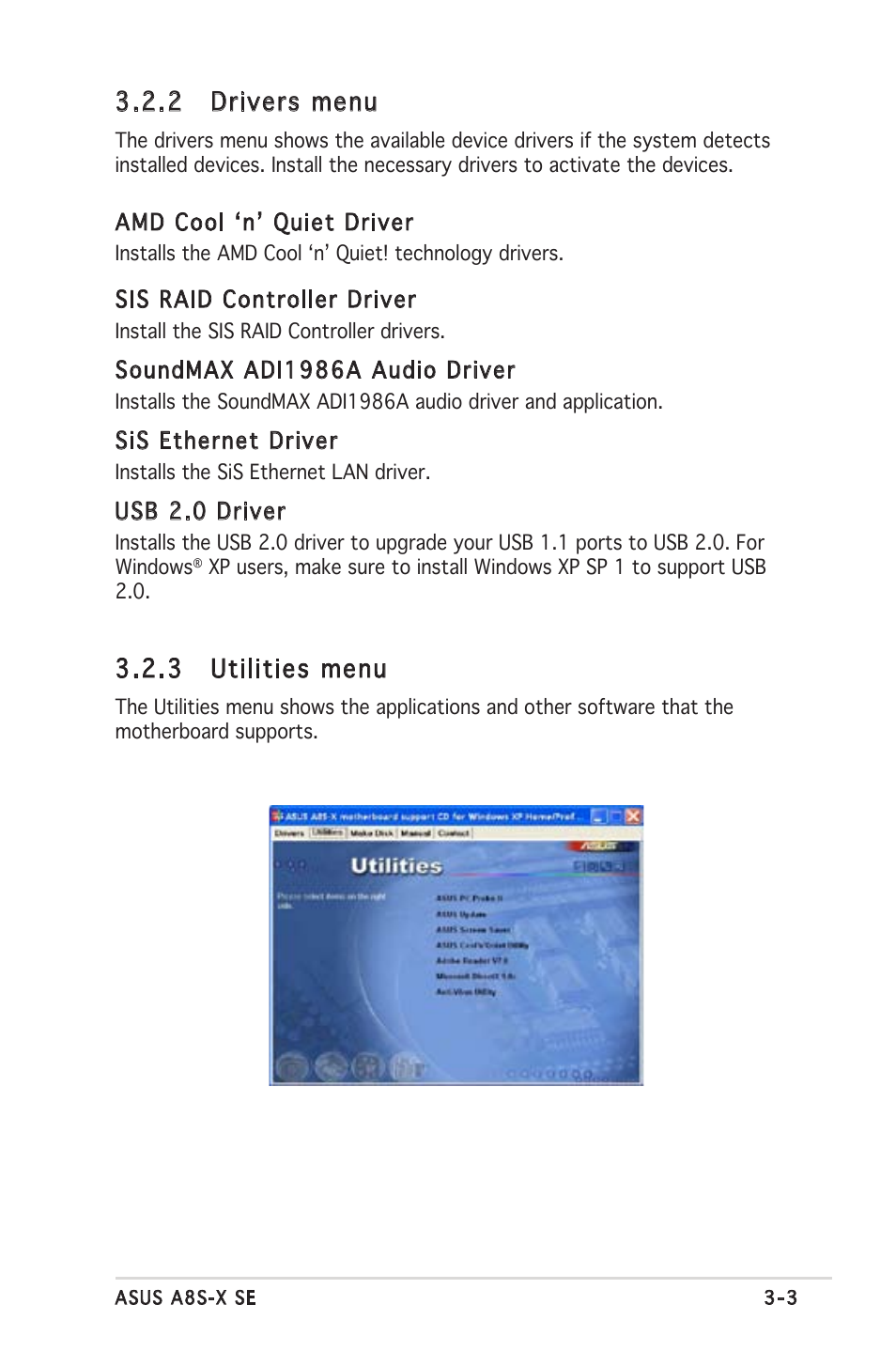 2 drivers menu, 3 utilities menu | Asus A8S-X User Manual | Page 75 / 78