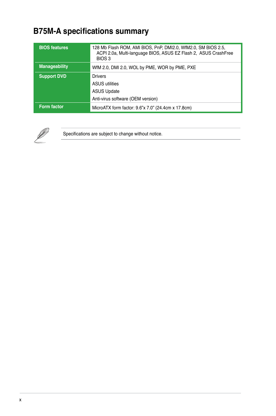 B75m-a specifications summary | Asus B75M-A User Manual | Page 10 / 86