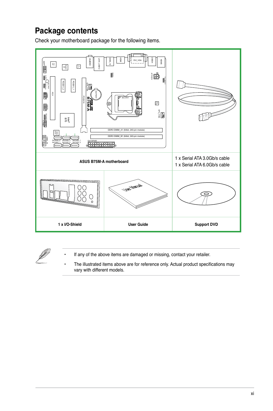 Package contents, User manual, Asus b75m-a motherboard | 1 x i/o-shield user guide support dvd | Asus B75M-A User Manual | Page 11 / 86