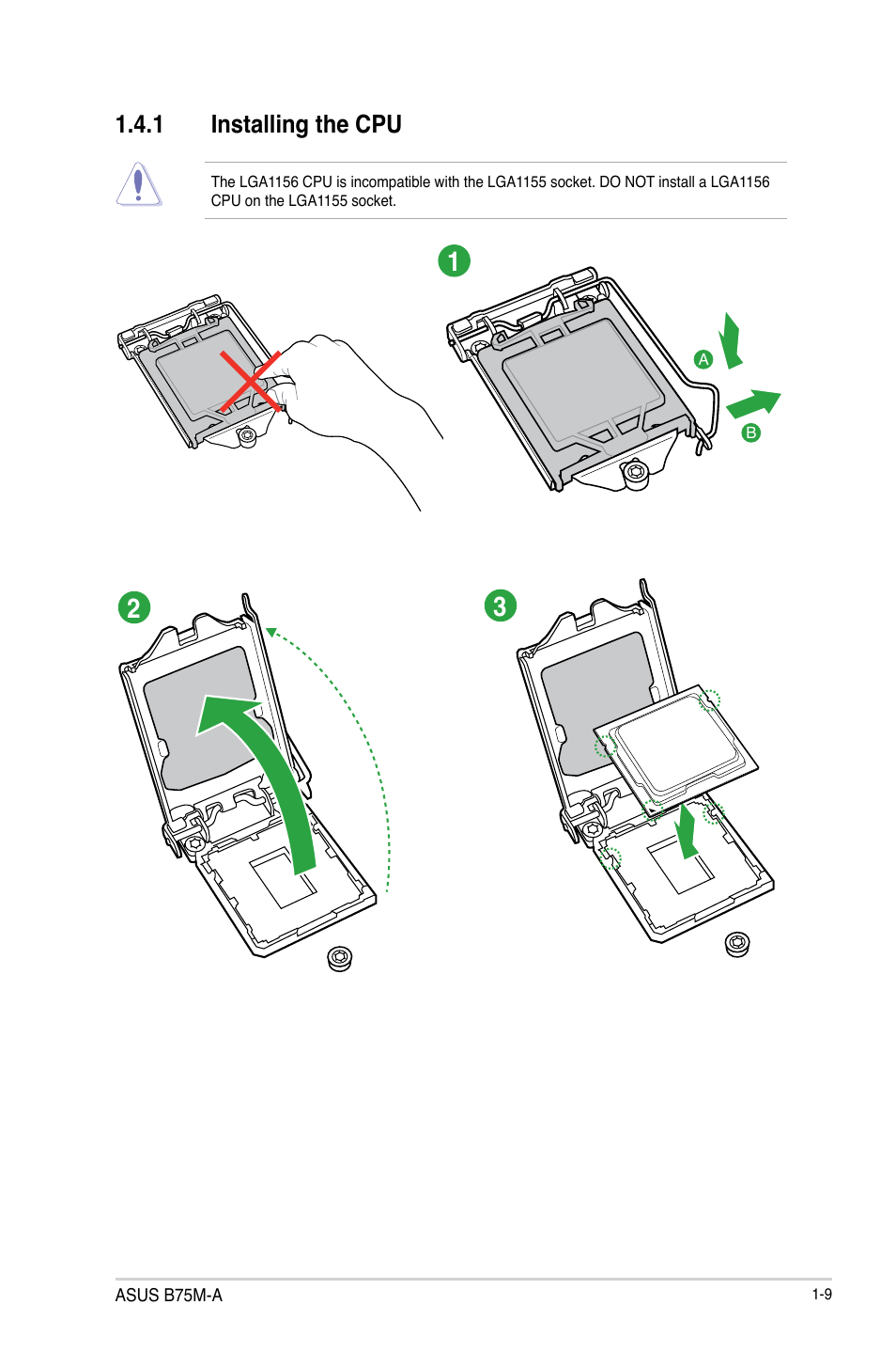 1 installing the cpu | Asus B75M-A User Manual | Page 21 / 86