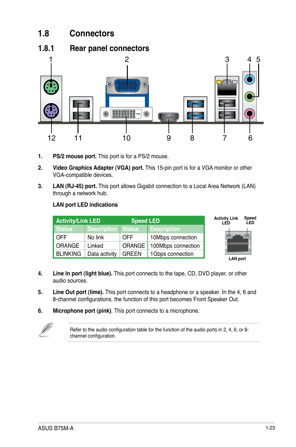 8 connectors, 1 rear panel connectors | Asus B75M-A User Manual | Page 35 / 86