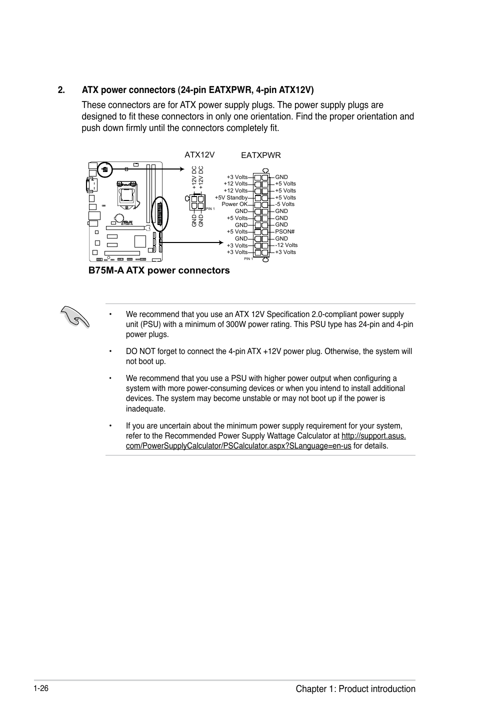 Chapter 1: product introduction, B75m-a atx power connectors | Asus B75M-A User Manual | Page 38 / 86