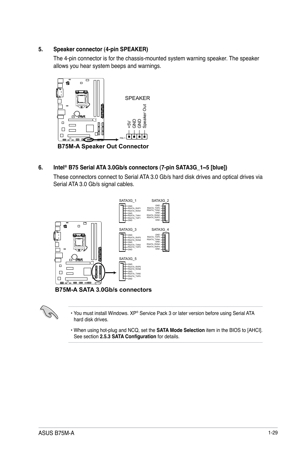 Asus b75m-a, Intel, B75m-a speaker out connector | B75m-a sata 3.0gb/s connectors, You must install windows. xp, Speaker | Asus B75M-A User Manual | Page 41 / 86