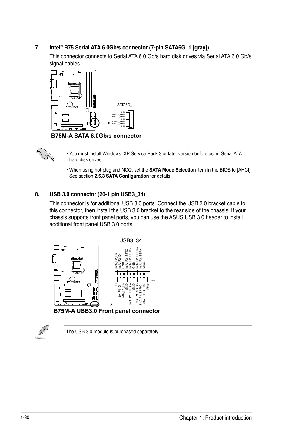 Chapter 1: product introduction 7. intel, B75m-a sata 6.0gb/s connector, B75m-a usb3.0 front panel connector | Usb3_34 | Asus B75M-A User Manual | Page 42 / 86