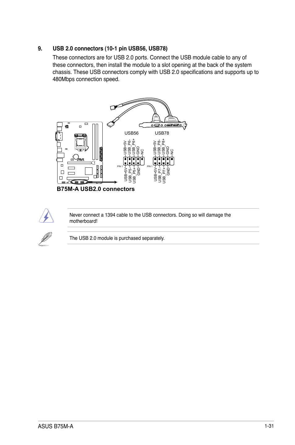 Asus b75m-a, B75m-a usb2.0 connectors | Asus B75M-A User Manual | Page 43 / 86