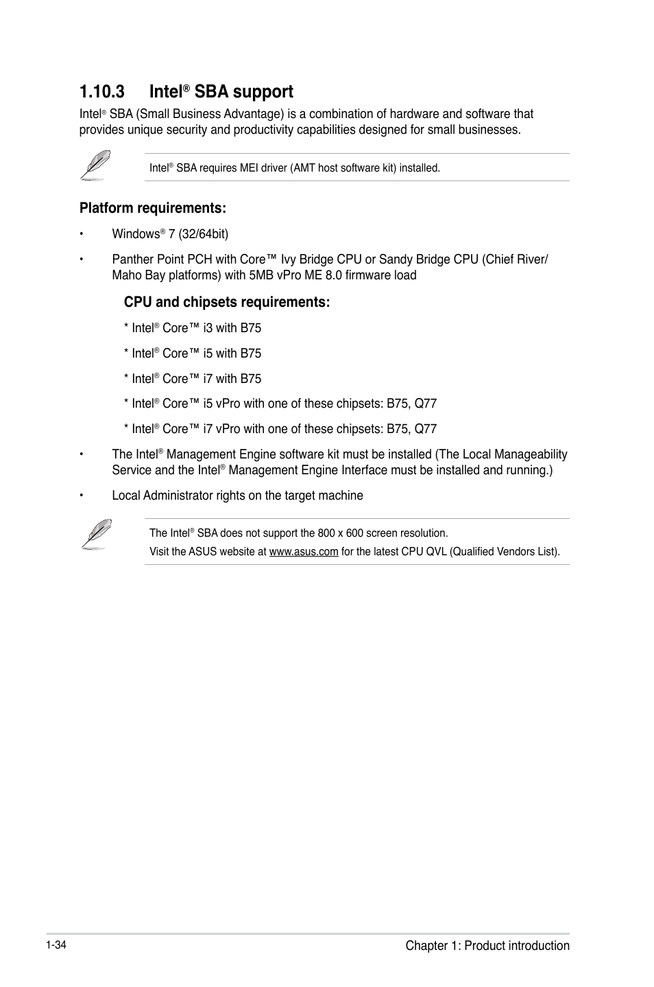 3 intel, Sba support, Platform requirements | Cpu and chipsets requirements | Asus B75M-A User Manual | Page 46 / 86