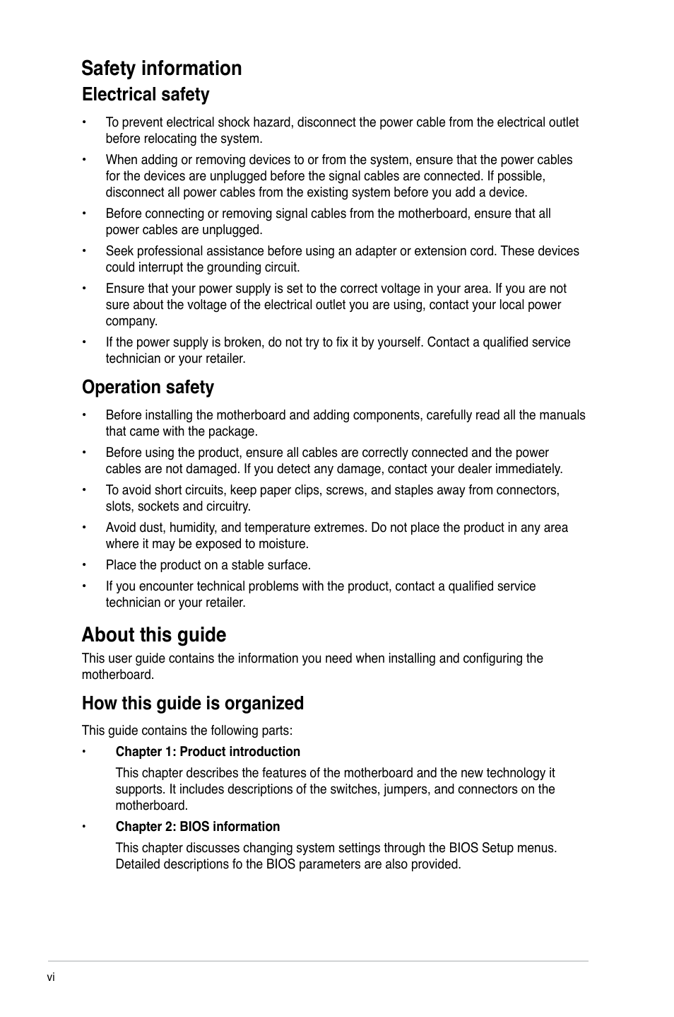 Safety information, About this guide, Electrical safety | Operation safety, How this guide is organized | Asus B75M-A User Manual | Page 6 / 86