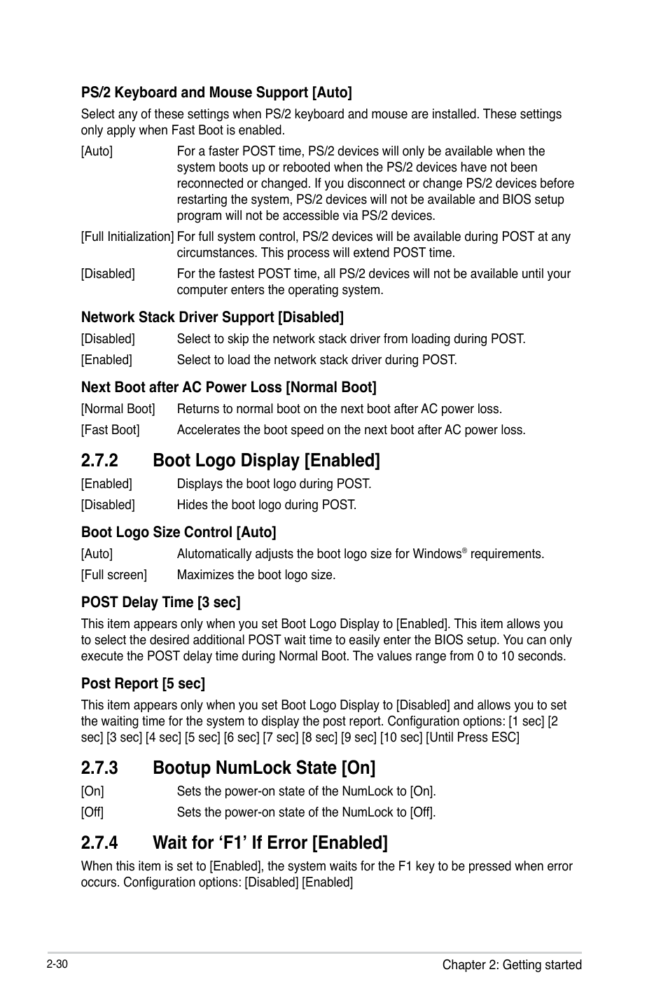 2 boot logo display [enabled, 3 bootup numlock state [on, 4 wait for ‘f1’ if error [enabled | Asus B75M-A User Manual | Page 76 / 86