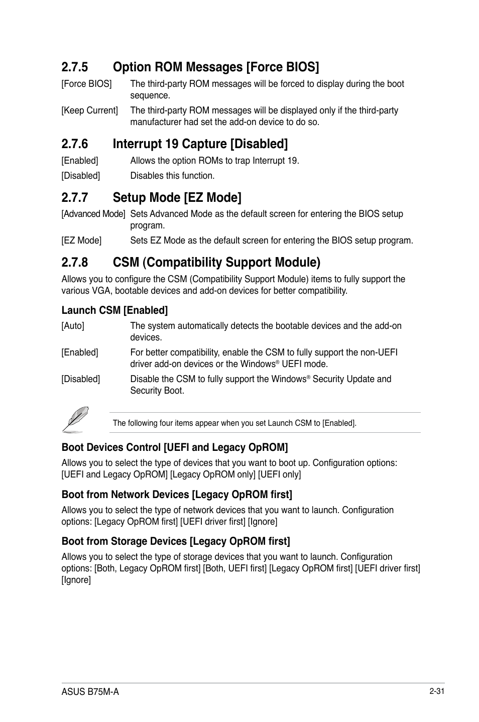 5 option rom messages [force bios, 6 interrupt 19 capture [disabled, 7 setup mode [ez mode | 8 csm (compatibility support module) | Asus B75M-A User Manual | Page 77 / 86