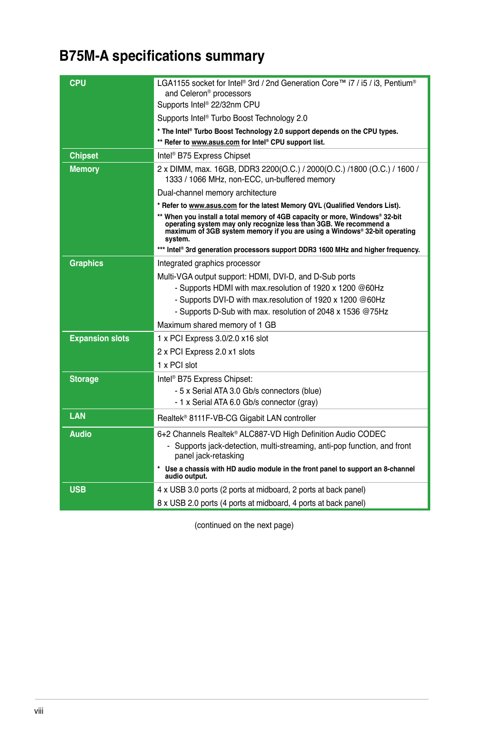 B75m-a specifications summary | Asus B75M-A User Manual | Page 8 / 86