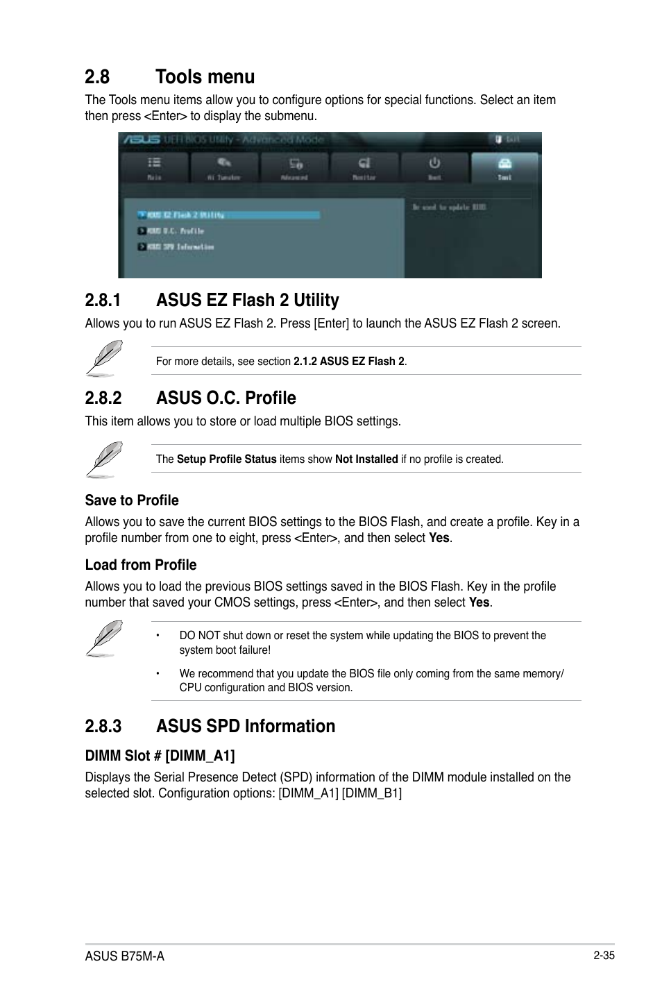 8 tools menu, 1 asus ez flash 2 utility, 2 asus o.c. profile | 3 asus spd information | Asus B75M-A User Manual | Page 81 / 86