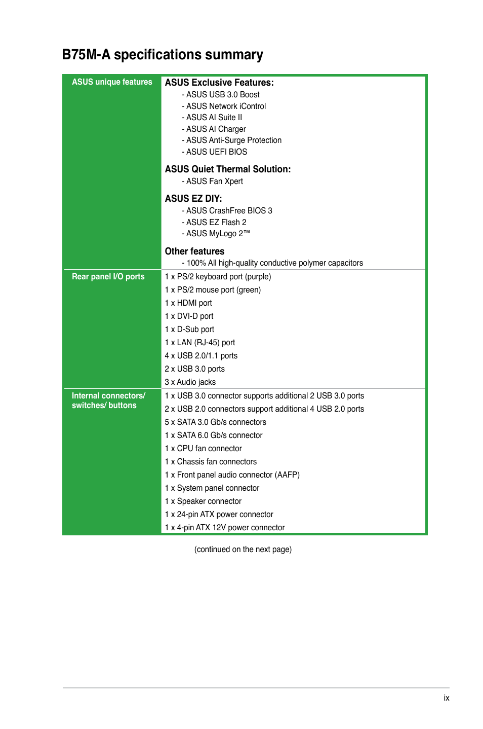 B75m-a specifications summary | Asus B75M-A User Manual | Page 9 / 86