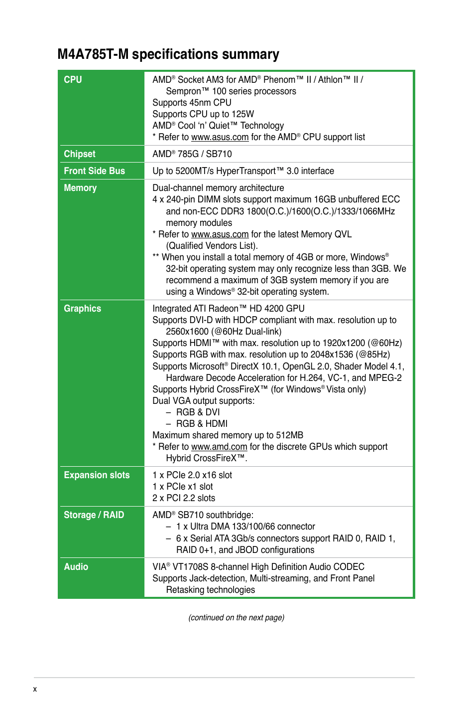 M4a785t-m specifications summary | Asus M4A785T-M User Manual | Page 10 / 64