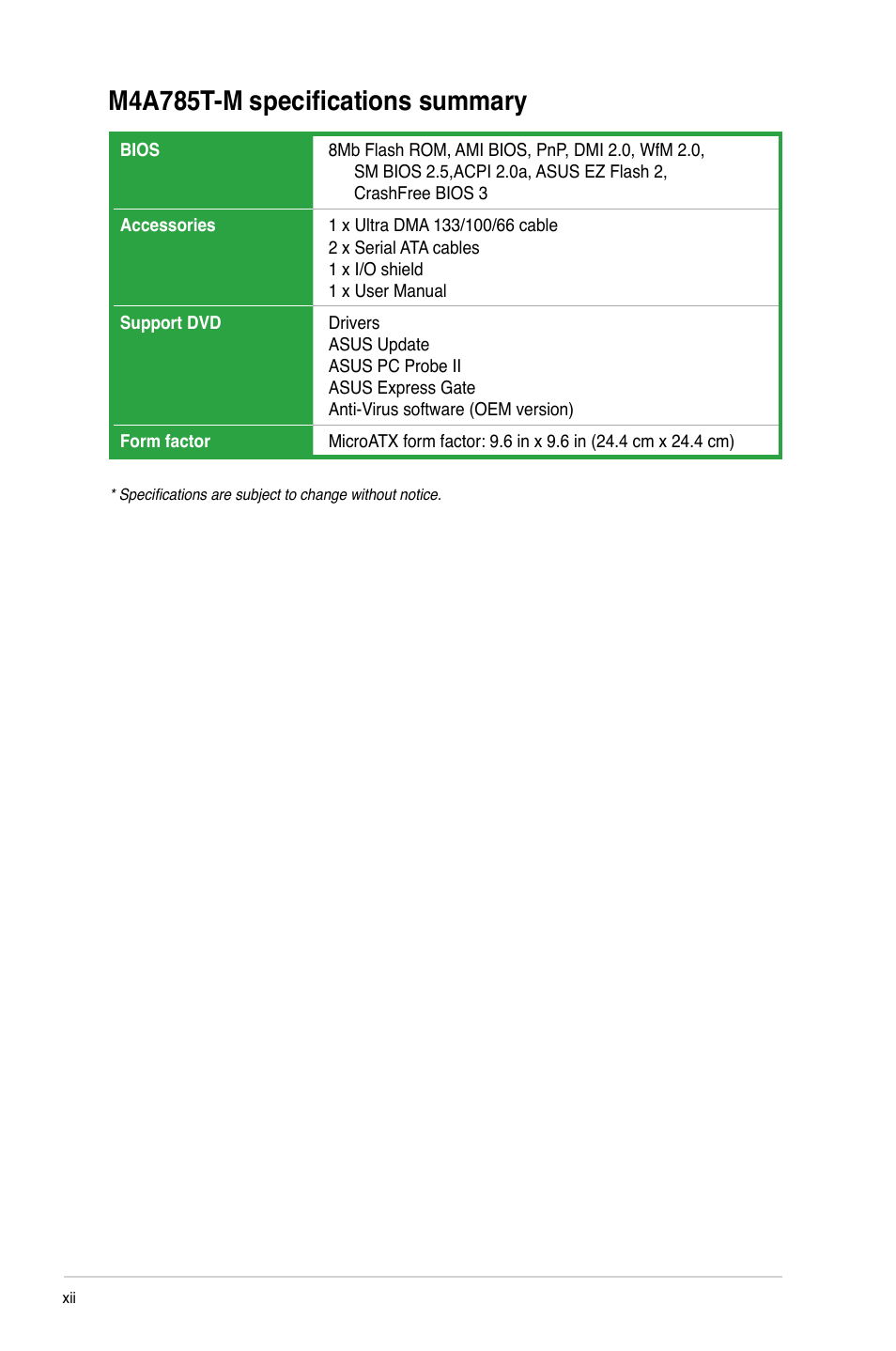 M4a785t-m specifications summary | Asus M4A785T-M User Manual | Page 12 / 64