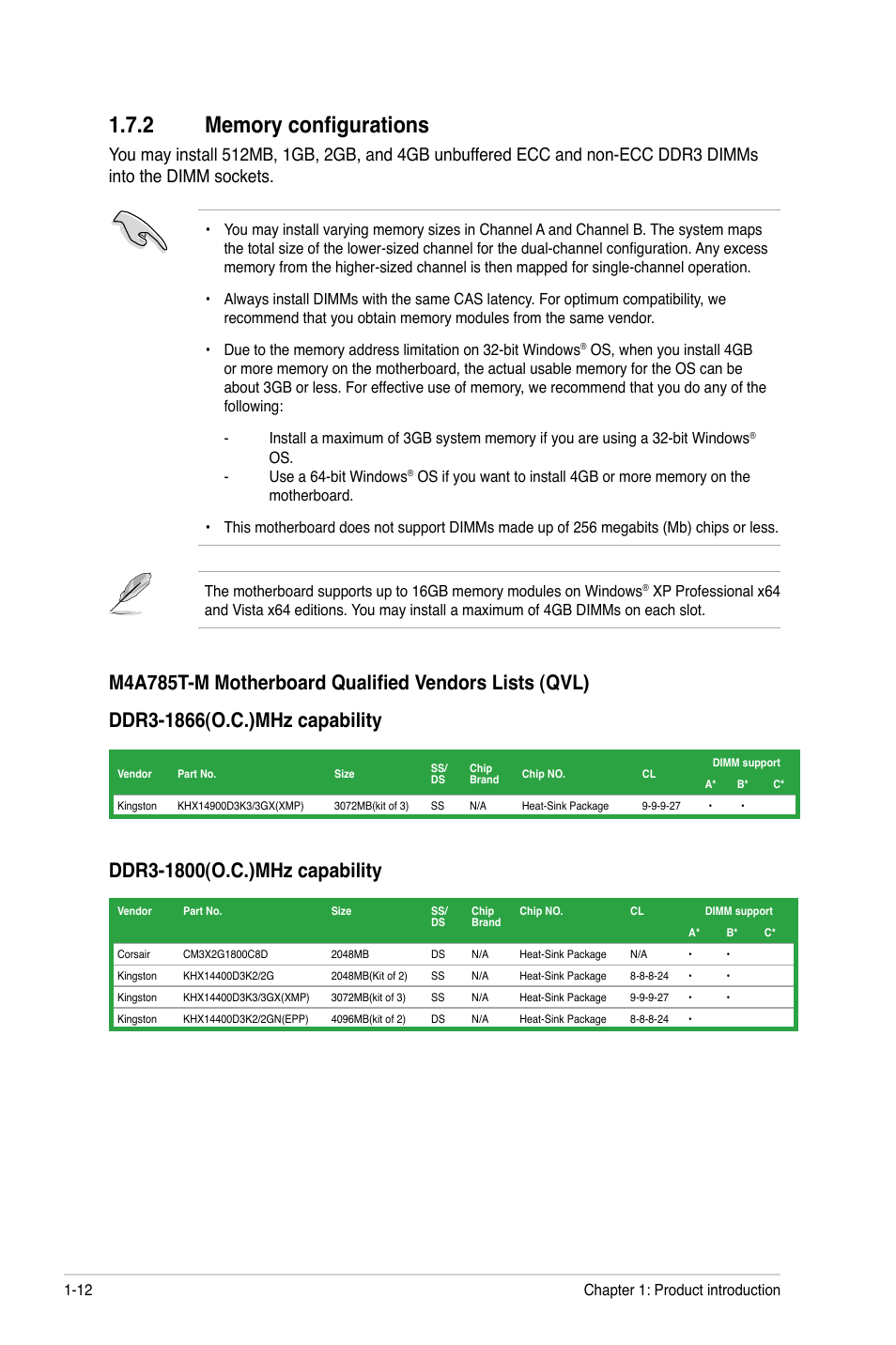 2 memory configurations, Memory configurations -12 | Asus M4A785T-M User Manual | Page 24 / 64