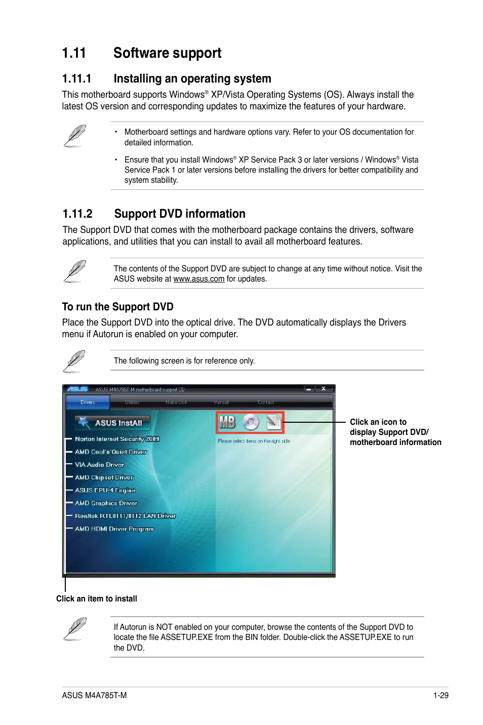 11 software support, 1 installing an operating system, 2 support dvd information | 11 software support -29 | Asus M4A785T-M User Manual | Page 41 / 64
