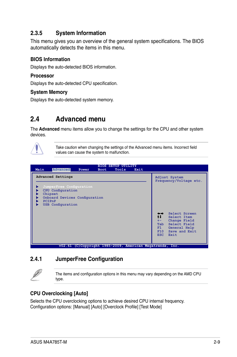 5 system information, 4 advanced menu, 1 jumperfree configuration | System information -9, Advanced menu -9 2.4.1, Jumperfree configuration -9, Cpu overclocking [auto, Processor | Asus M4A785T-M User Manual | Page 51 / 64