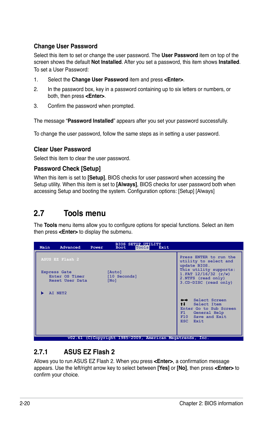 7 tools menu, 1 asus ez flash 2, Tools menu -20 2.7.1 | Asus ez flash 2 -20, Change user password, Clear user password, Password check [setup | Asus M4A785T-M User Manual | Page 62 / 64