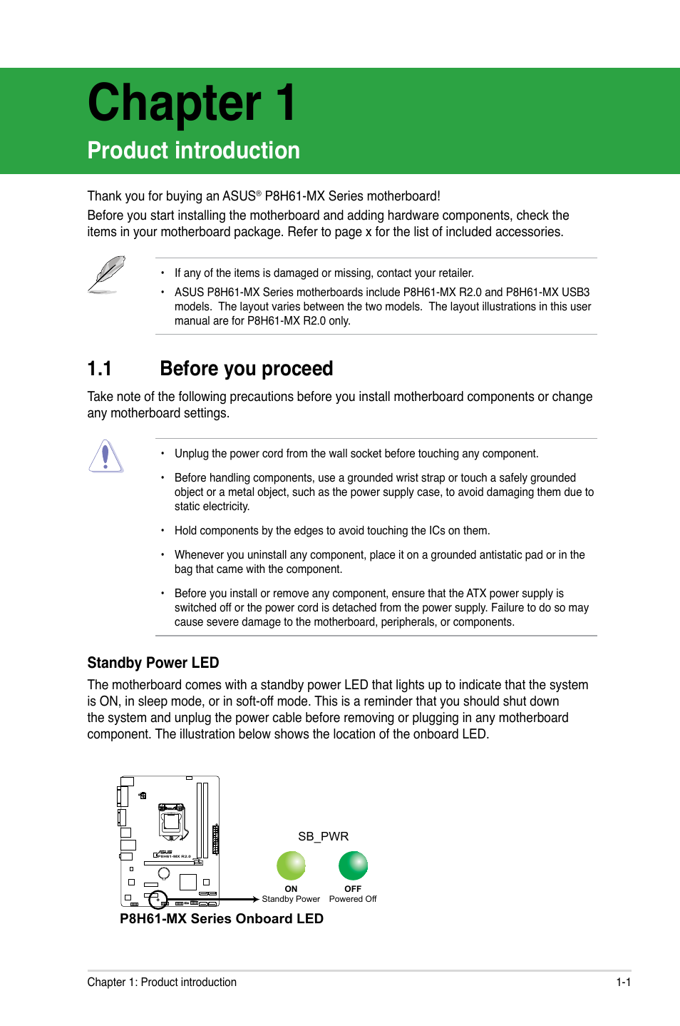 Chapter 1, Product introduction, 1 before you proceed | Chapter 1 product introduction, Before you proceed -1 | Asus P8H61-MX USB3 User Manual | Page 11 / 68