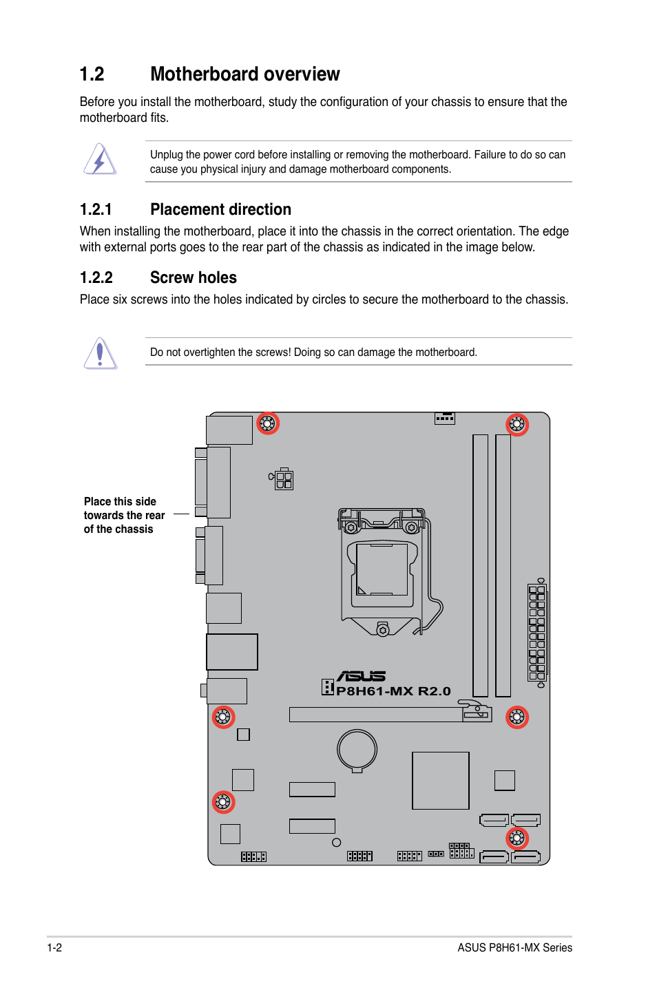 2 motherboard overview, 1 placement direction, 2 screw holes | Motherboard overview -2 1.2.1, Placement direction -2, Screw holes -2 | Asus P8H61-MX USB3 User Manual | Page 12 / 68