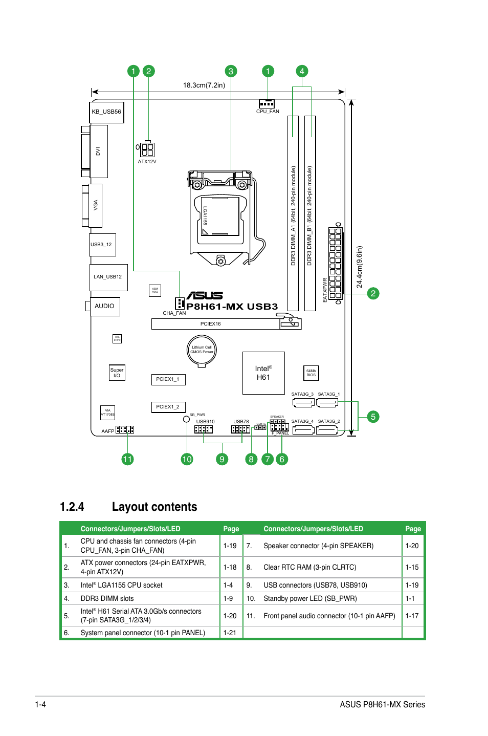 4 layout contents, Layout contents -4, P8h61-mx usb3 | Asus P8H61-MX USB3 User Manual | Page 14 / 68