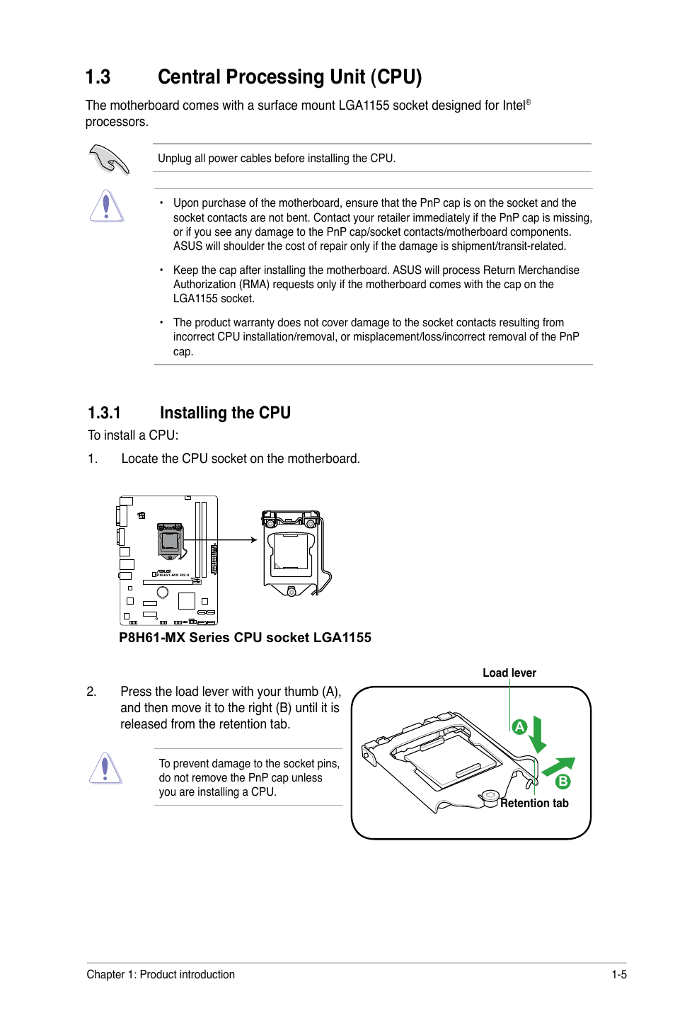 3 central processing unit (cpu), 1 installing the cpu, Central processing unit (cpu) -5 1.3.1 | Installing the cpu -5 | Asus P8H61-MX USB3 User Manual | Page 15 / 68