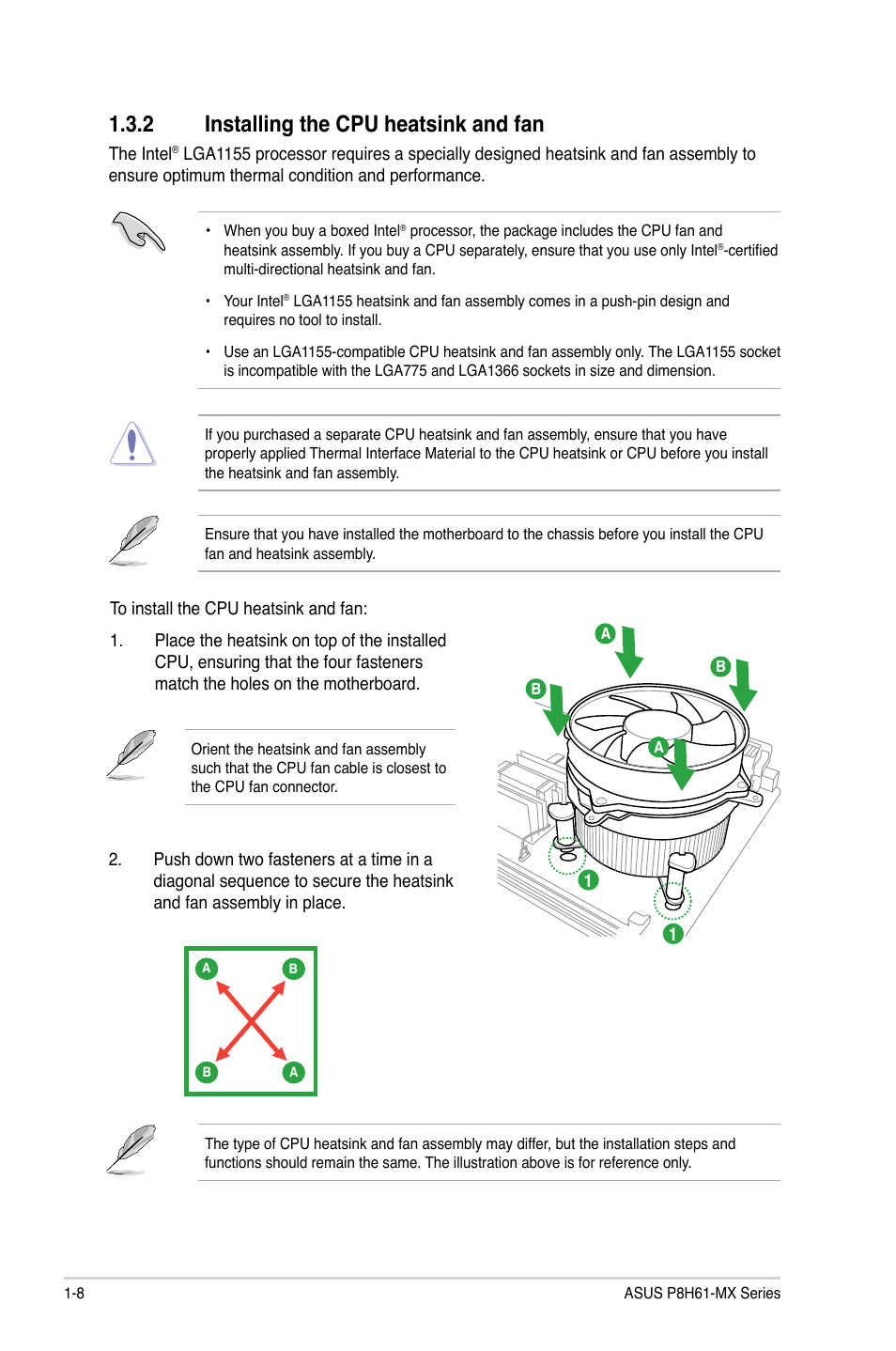 2 installing the cpu heatsink and fan, Installing the cpu heatsink and fan -8 | Asus P8H61-MX USB3 User Manual | Page 18 / 68