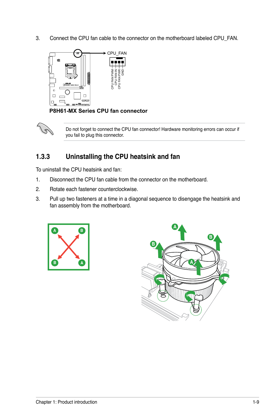 3 uninstalling the cpu heatsink and fan, Uninstalling the cpu heatsink and fan -9, P8h61-mx series cpu fan connector | Asus P8H61-MX USB3 User Manual | Page 19 / 68