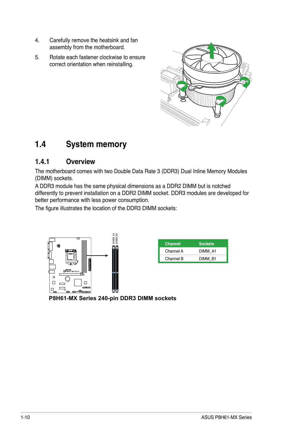 4 system memory, 1 overview, System memory -10 1.4.1 | Overview -10 | Asus P8H61-MX USB3 User Manual | Page 20 / 68