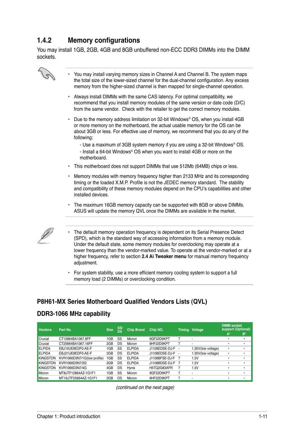 2 memory configurations, Memory configurations -11, Continued on the next page) | Asus P8H61-MX USB3 User Manual | Page 21 / 68