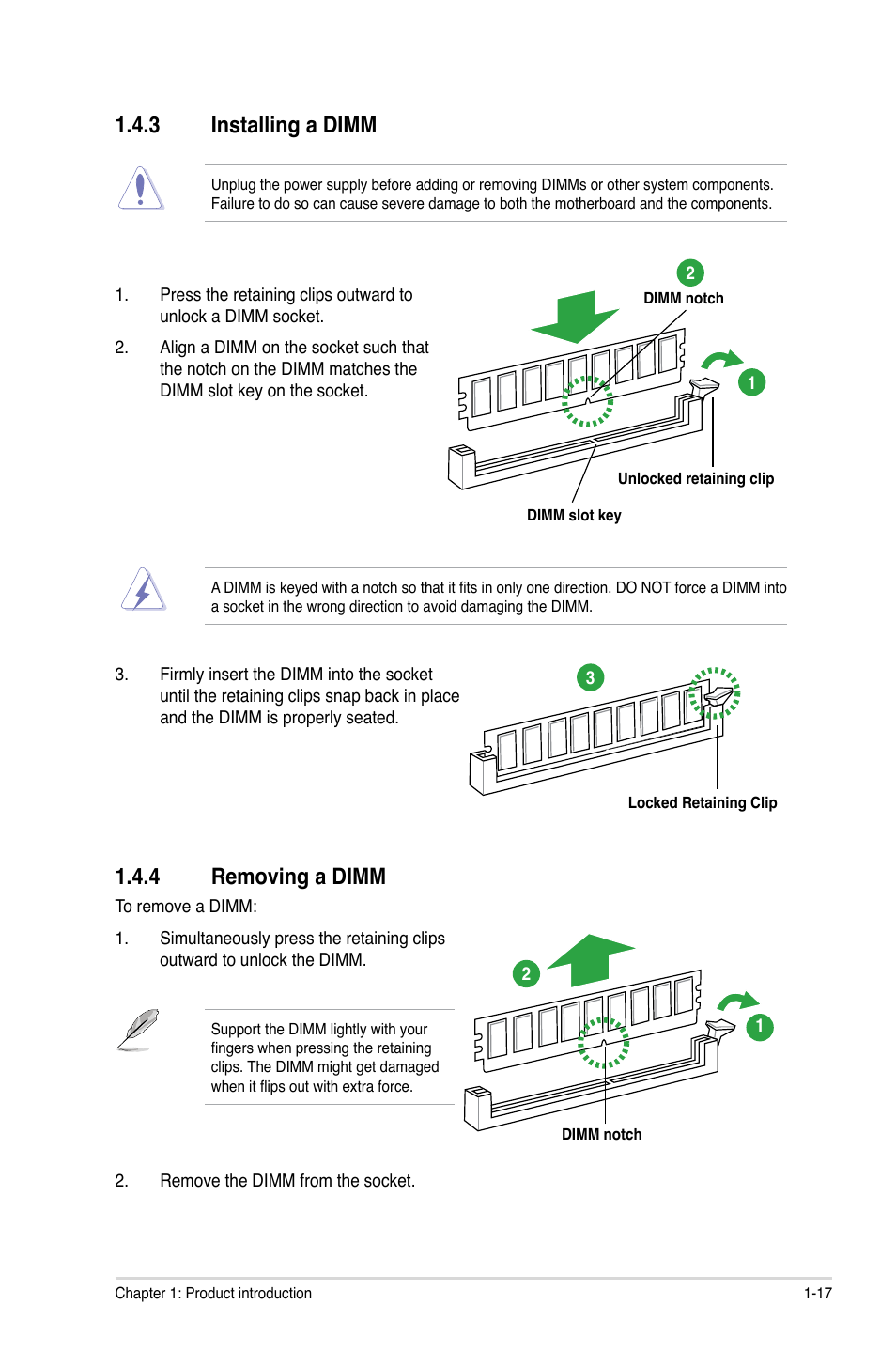 3 installing a dimm, 4 removing a dimm, Installing a dimm -17 | Removing a dimm -17 | Asus P8H61-MX USB3 User Manual | Page 27 / 68