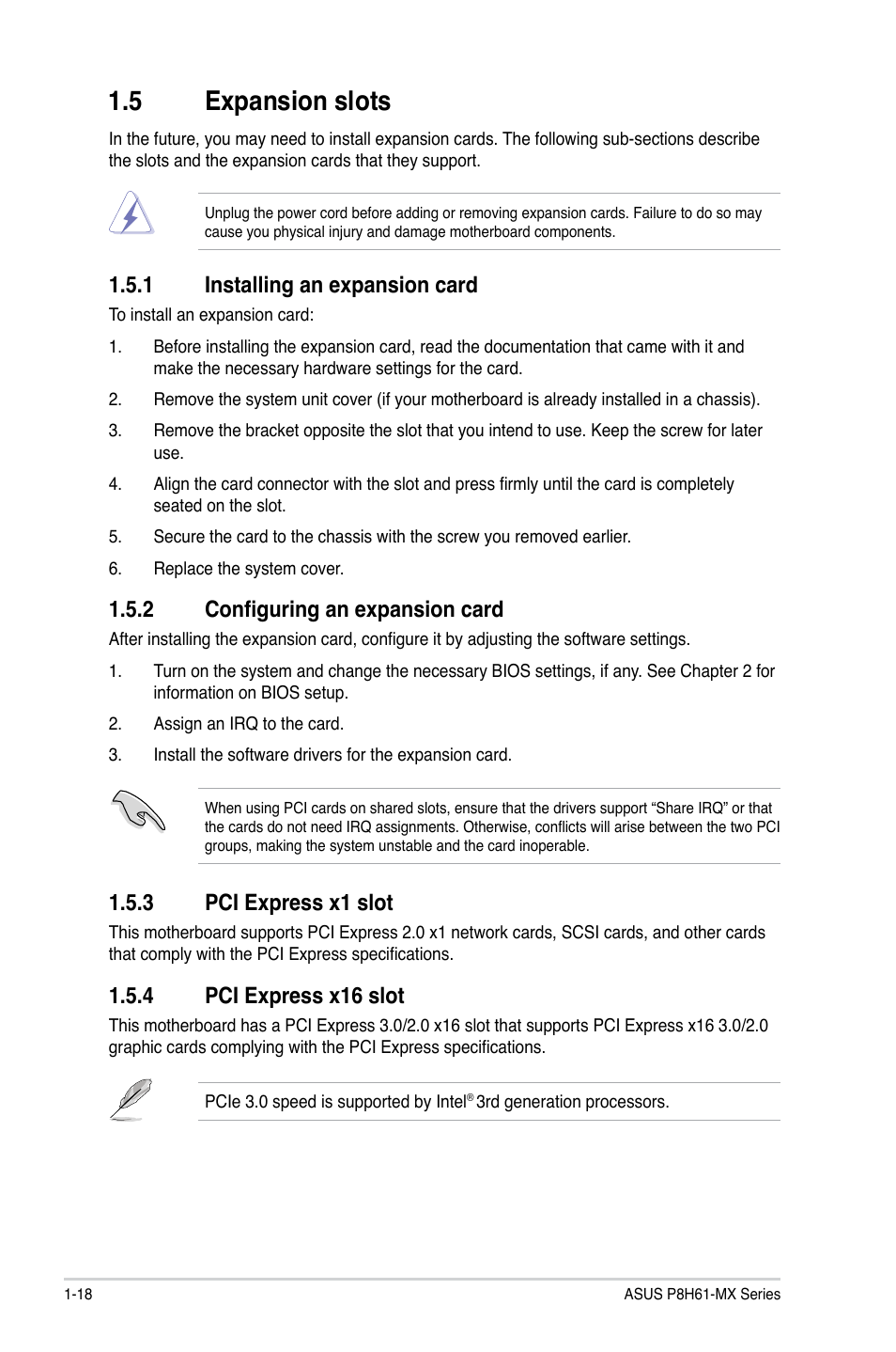 5 expansion slots, 1 installing an expansion card, 2 configuring an expansion card | 3 pci express x1 slot, 4 pci express x16 slot, Expansion slots -18 1.5.1, Installing an expansion card -18, Configuring an expansion card -18, Pci express x1 slot -18, Pci express x16 slot -18 | Asus P8H61-MX USB3 User Manual | Page 28 / 68