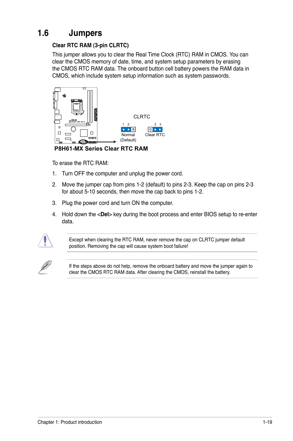 6 jumpers, Jumpers -19 | Asus P8H61-MX USB3 User Manual | Page 29 / 68