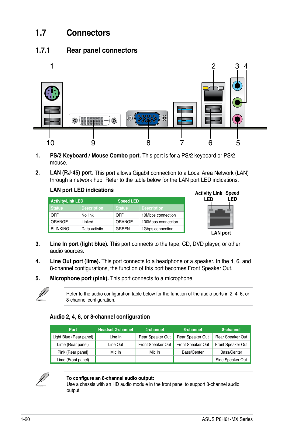 7 connectors, 1 rear panel connectors, Connectors -20 1.7.1 | Rear panel connectors -20 | Asus P8H61-MX USB3 User Manual | Page 30 / 68