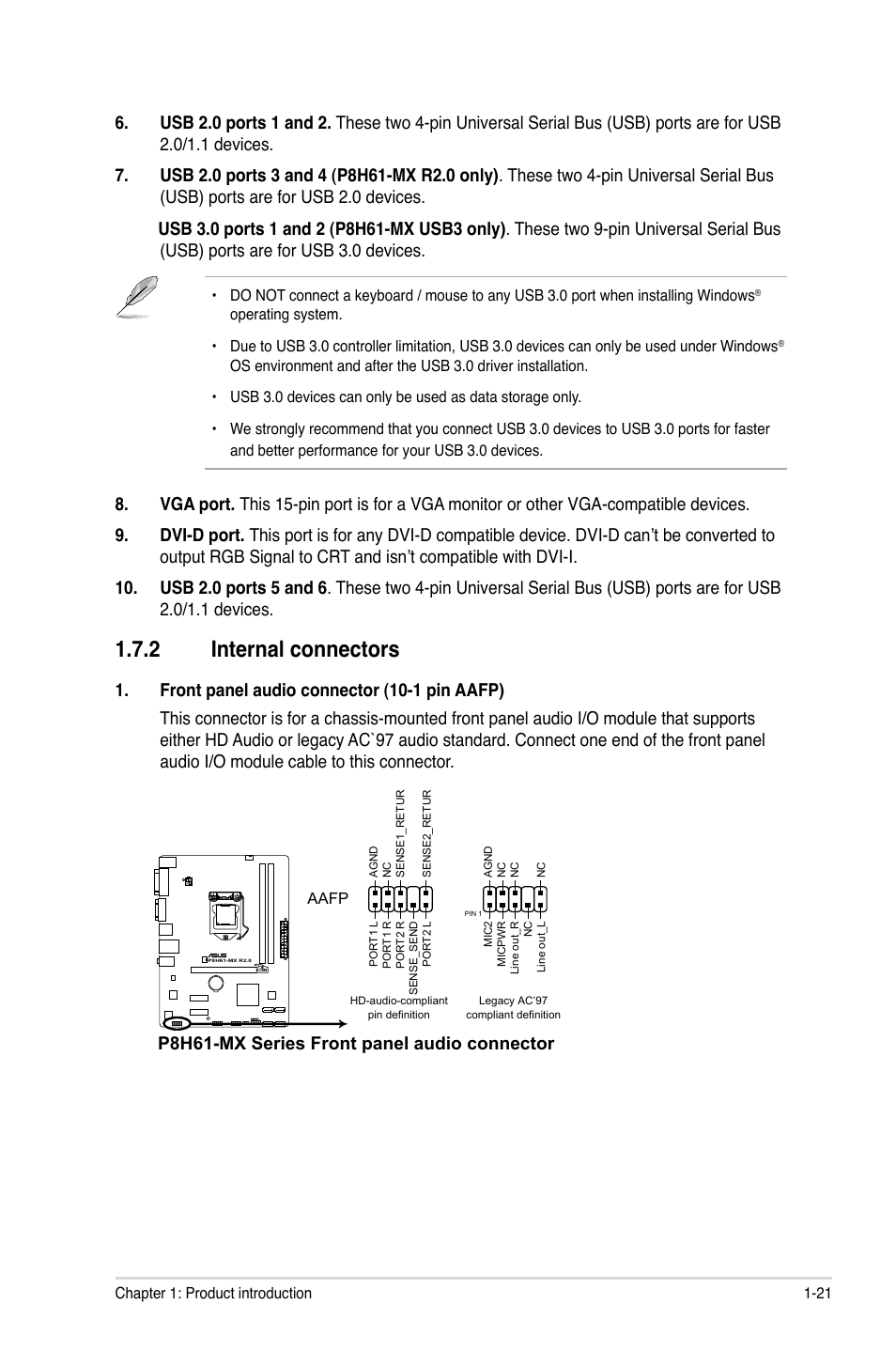 2 internal connectors, Internal connectors -21, P8h61-mx series front panel audio connector | Asus P8H61-MX USB3 User Manual | Page 31 / 68