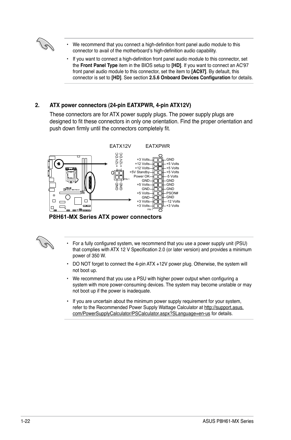 P8h61-mx series atx power connectors | Asus P8H61-MX USB3 User Manual | Page 32 / 68