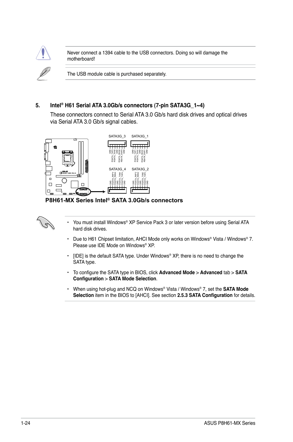 Intel, P8h61-mx series intel, Sata 3.0gb/s connectors | You must install windows, Vista / windows, Please use ide mode on windows | Asus P8H61-MX USB3 User Manual | Page 34 / 68